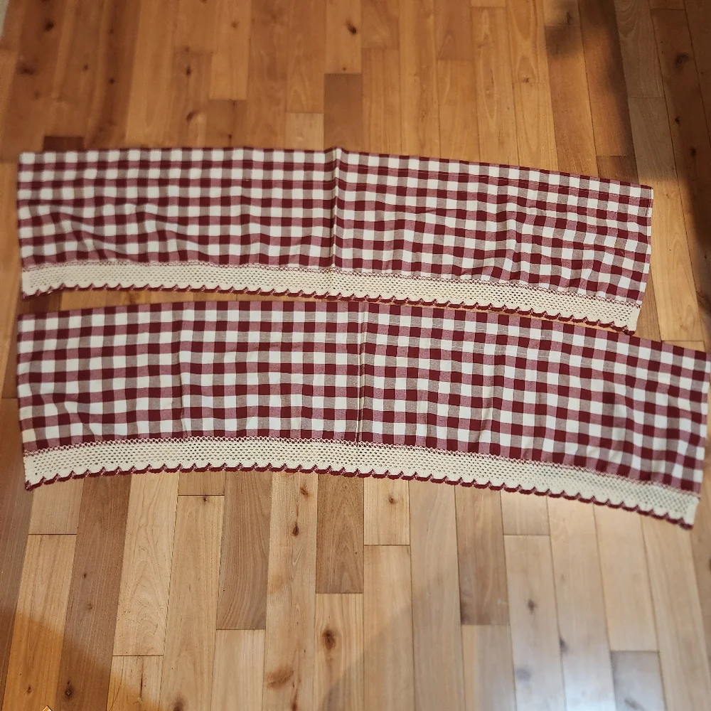 Vintage Red Gingham Farmhouse Cafe Curtains Scalloped Trim Set of 4 Cottage